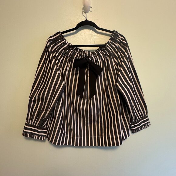 🎀 J.Crew Striped Off-the-Shoulder Top | Bow Detail | Size L  - 0056 - Picture 2 of 6